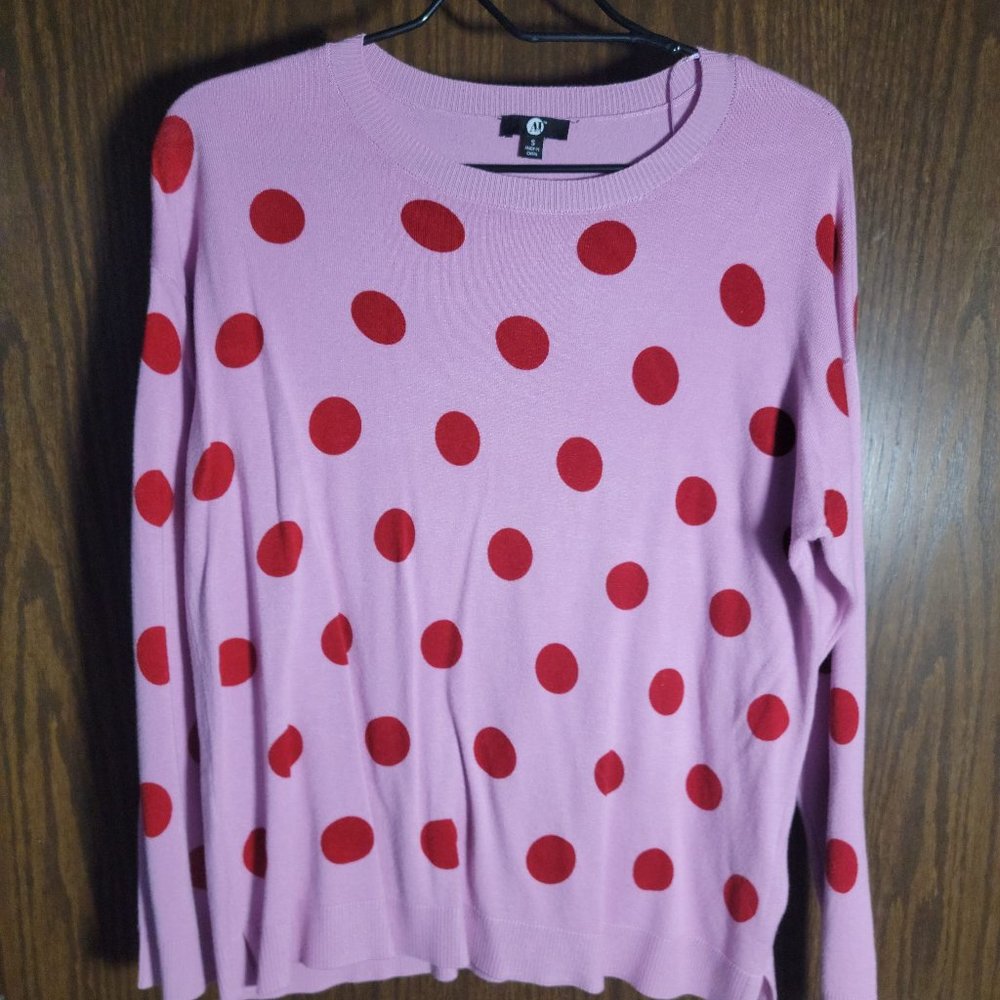 NWOT A&I Women/s Pink & Red Polka Dot Lightweight Soft Sweater Shirt Top Size Sm
